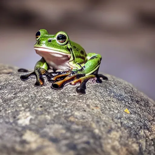 Image similar to closeup of a frog sitting on a stone in a forest, wildlife photography