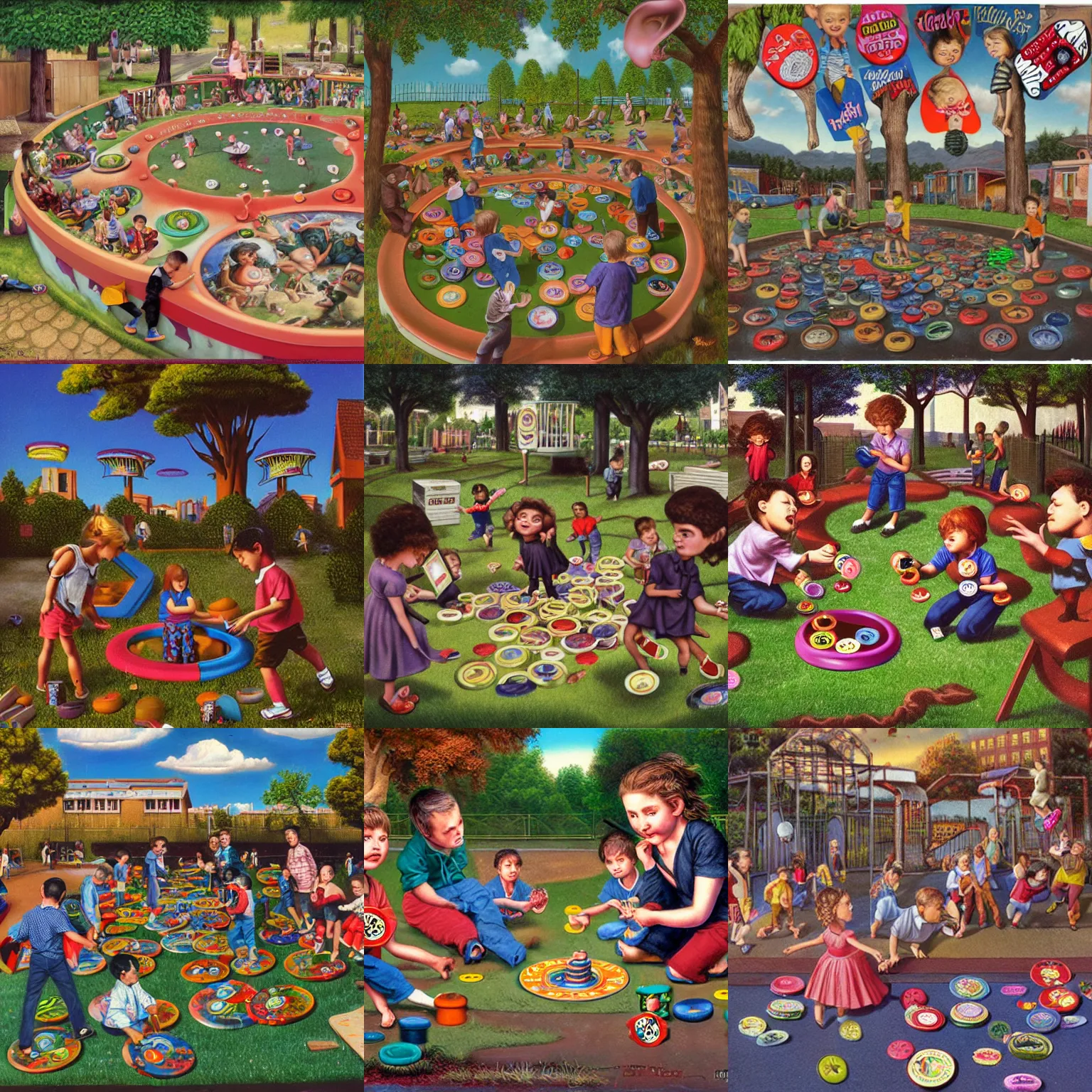 Prompt: children playing with pogs, 1 9 9 0 s school playground, lowbrow, matte painting, highly detailed, in the style of mark ryden