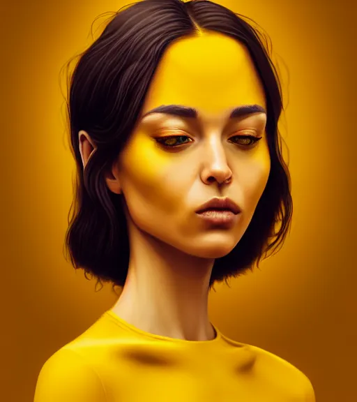 Prompt: portrait of a yellow emoji, poised, intense emotion, detailed facial expression, detailed surroundings, minimalistic, intricate, elegant, highly detailed, centered, digital painting, artstation, concept art, smooth, sharp focus