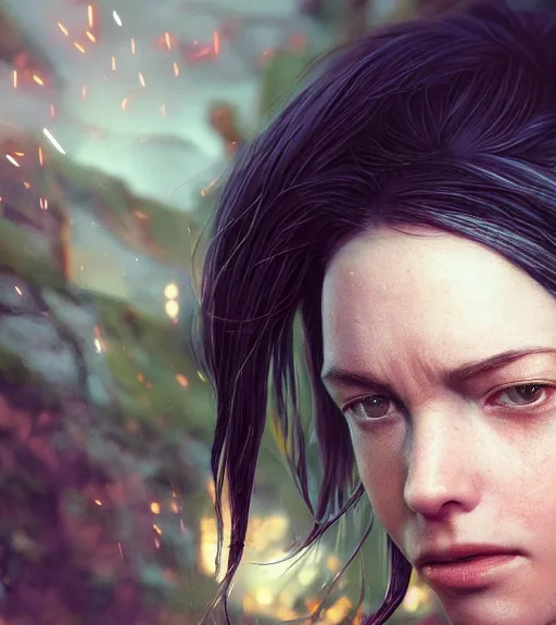 Prompt: highly detailed macro shot of a female portrait with a look of disgust, unreal engine, loish, rhads, makoto shinkai and tom bagshaw, reflective global illumination, god rays, detailed and intricate environment