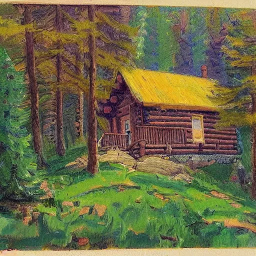 Image similar to a cabin on a small hill surrounded by colorful trees, drawn by colin campbell cooper