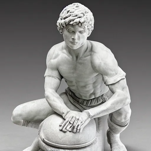 Image similar to detailed marble statue of a soccer goal keeper with angel wings, miguel angelo