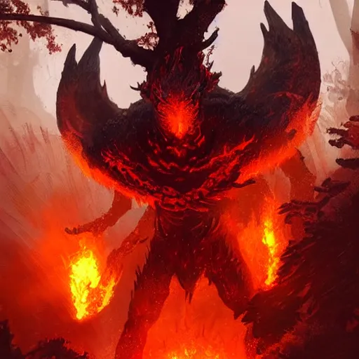 Prompt: A ferocious ember beast guarding the sacred grove, with scales burning red hot from the heat, DnD digital concept art by Greg Rutkowski