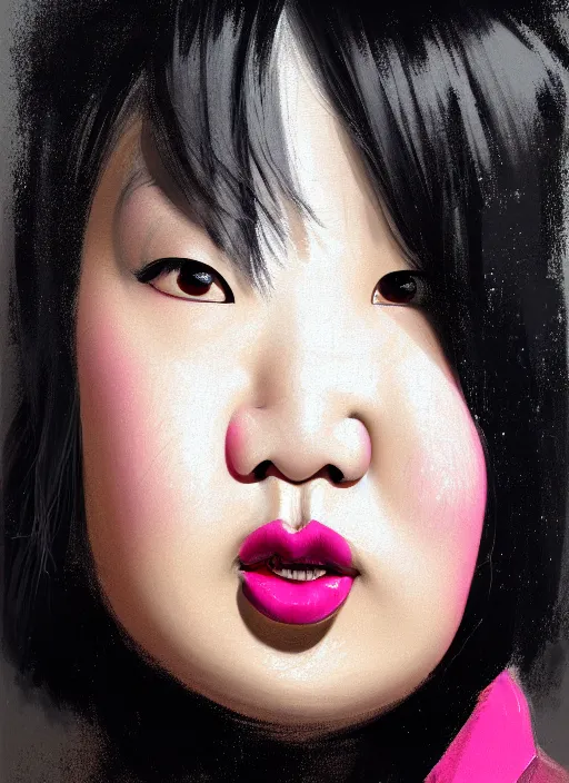 Image similar to portrait of a plump asian woman with a crooked nose and a confident expression, 1 9 6 0 s, black clothes, goth, punk, brightly coloured hair, funk, intricate, elegant, highly detailed, digital painting, artstation, concept art, smooth, sharp focus, illustration, art by wlop, mars ravelo and greg rutkowski