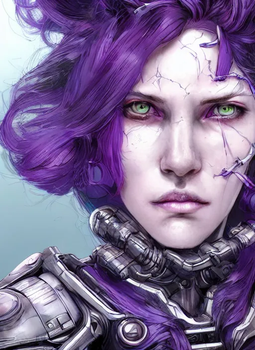 Image similar to close up portrait of a pale woman in sci - fi power armor with purple hair, powerful, domineering, stoic, masterful, intense, ultrafine hyperdetailed illustration by kim jung gi, irakli nadar, intricate linework, sharp focus, octopath traveler, yoji shinkawa, highly rendered, detailed, concept art, intricate environment