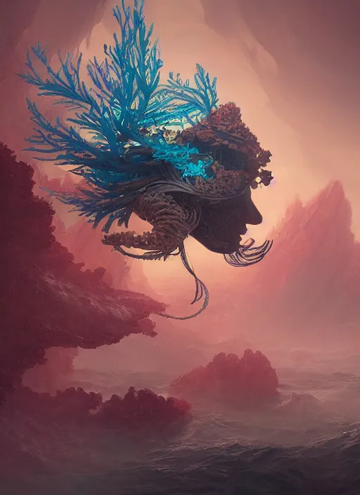 Prompt: Helmet of a forgotten Deity, corals, plume made of seaweed, glowing fish, extremly detailed digital painting, in the style of Fenghua Zhong and Ruan Jia and jeremy lipking and Peter Mohrbacher, mystical colors, rim light, beautiful lighting, 8k, stunning scene, raytracing, octane, trending on artstation