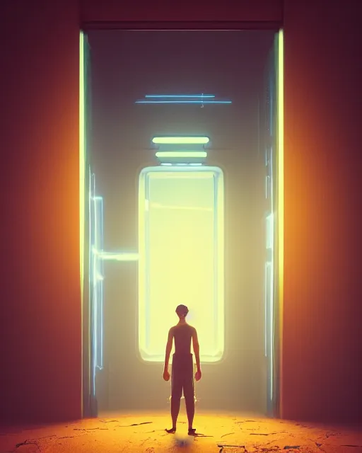 Image similar to a person standing in front of an open door, poster art by mike winkelmann, trending on cg society, space art, sci - fi, ue 5, futuristic, volumetric lighting