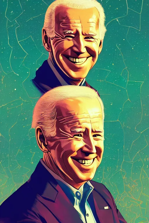 Prompt: portrait of joe biden, smiling down from above turning slightly away, looking to the right, artstation winner by victo ngai, kilian eng and by jake parker vibrant colors, winning - award masterpiece, fantastically gaudy, aesthetic octane render, 8 k hd resolution