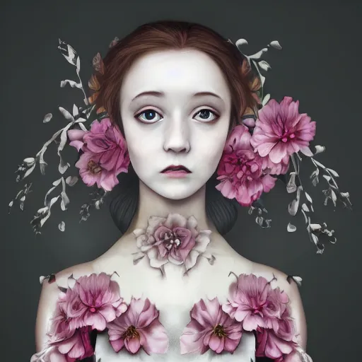 Image similar to renaissance, realistic, portrait of a creepy young lady pink cheeks wearing renaissance manga dress pale grey and white flowers skulls, background chaotic flowers