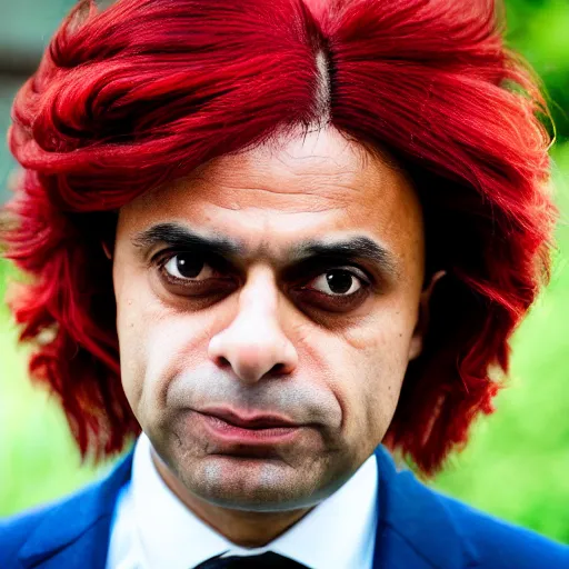 Prompt: A high-quality photo of Sajid Javid wearing a long red wig, m.zuiko 75mm, f 1.8, 1/400s, RAW, unedited, 8K, high quality, facial retouch, symmetrical balance