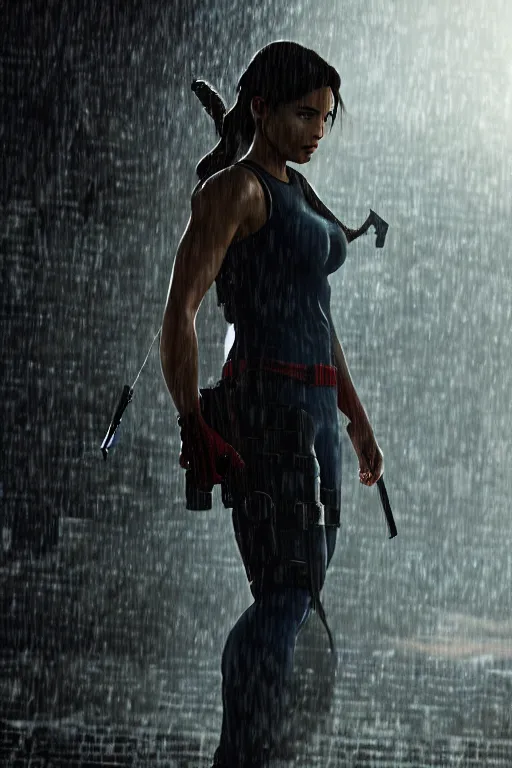 Image similar to cinematic of lara croft as spiderman, dramatic rain, 8 k, moody lighting