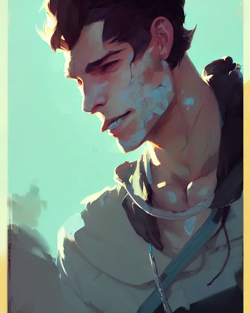 Prompt: portrait of beautiful male jon berntral by atey ghailan, by greg rutkowski, by greg tocchini, by james gilleard, by joe fenton, by kaethe butcher, dynamic lighting, gradient light blue, brown, blonde cream and white color scheme, grunge aesthetic