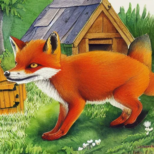 Prompt: a smug red fox in front of a hen house, watercolor illustration by Louis William Wain,