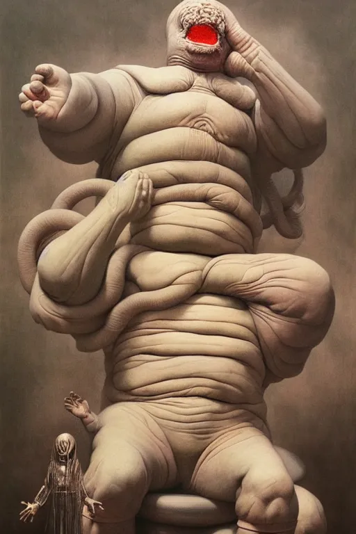 Prompt: hyper realistic painting of marshmallow man by wayne barlowe, beksinski, hr giger, austin osman spare, bussiere, roberto ferri, rembrandt, luis ricardo falero, intrincate ornaments, occult art