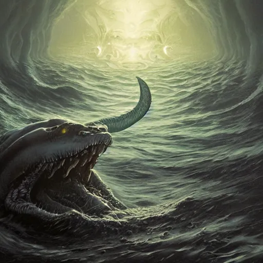 Prompt: sea beast of the depths in the style of michael whelan and h. p. lovecraft. hyperdetailed photorealism by greg rutkowski. full frame