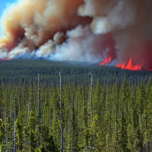 Prompt: boreal forest on fire, massive, epic, billowing smoke, ominous, permafrost, taiga