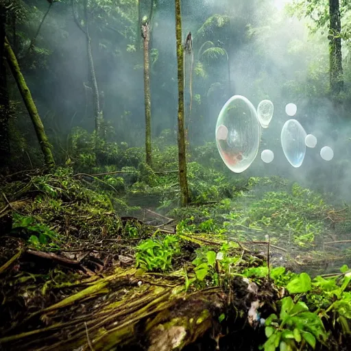 Image similar to pristine bath filled with bubbles in a clearfelled jungle, slash and burn, deforestation