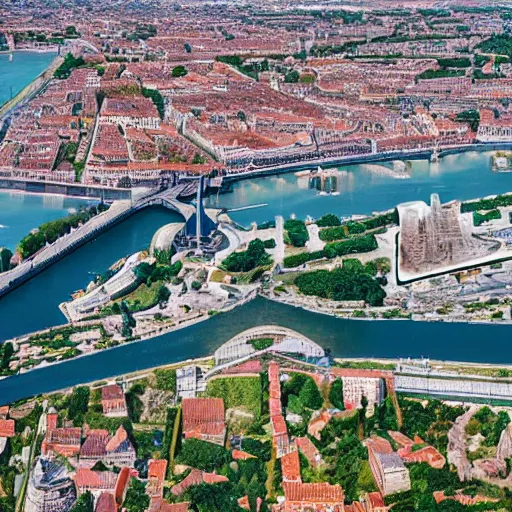Prompt: aerial view of bordeaux, art concept, architectural, coherent, you can see the river and most known monuments, tropical mood, water is like a lagoon