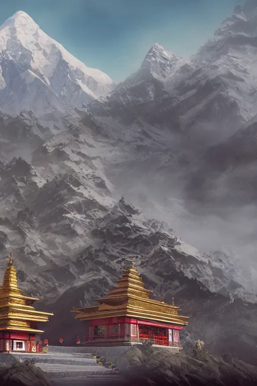 Image similar to Himalayan temple complex, art by Quentin Mabille, trending on artstation, artstationHD, artstationHQ, 4k, 8k