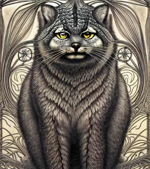 Image similar to detailed realistic beautiful manul portrait by jean delville, gustave dore, iris van herpen and marco mazzoni, art forms of nature by ernst haeckel, art nouveau, symbolist, visionary, gothic, neo - gothic, pre - raphaelite, fractal lace, intricate alien botanicals, ai biodiversity, surreality, hyperdetailed ultrasharp octane render