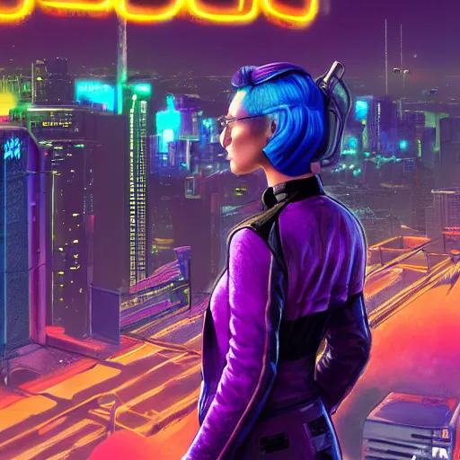 Prompt: book cover artwork of cyberpunk girl standing on a rooftop, short purple hair with undercut, realistic body shape, wearing long leather trenchcoat and black cargo pants. night time, neon cityscape background, flying blimp in the distance. 8 k