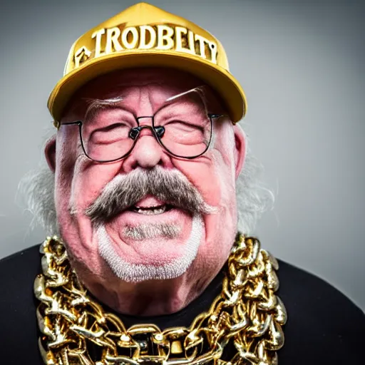 Prompt: dslr portrait photo still of!!! wilfred brimley!!! as a gangsta rapper with gold chains and gold teeth grills growling at camera and!!! showing his teeth!!!, 8 k, 8 5 mm f 1. 8