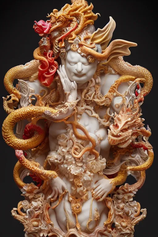 Image similar to a closeup photo, rococo alabaster and ruby real delicate ceramic porcelain sculpture of an ornate detailed dragon god in front of an intricate background by rafael, micro detail, backlit lighting, subsurface scattering, translucent, thin porcelain, fire, flames, amber, octane renderer, colorful, physically based rendering, trending on cgsociety