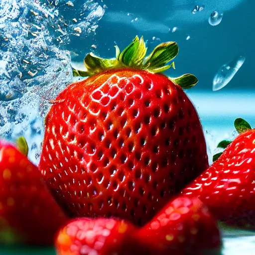 Prompt: half cut strawberry, splash underwater! photoshop edit, golden ratio