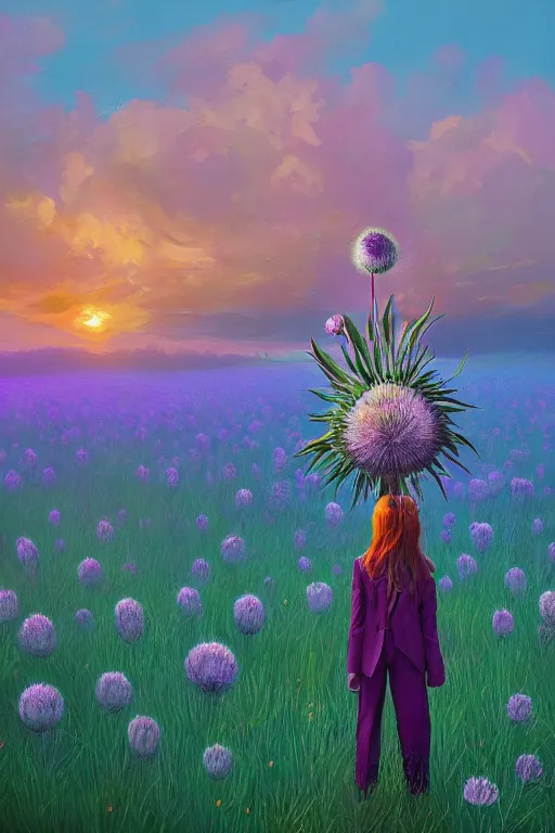 Prompt: portrait, gigantic thistle flower under head, a girl in a suit in field of flowers, surreal photography, sunrise, blue sky, dramatic light, impressionist painting, digital painting, artstation, simon stalenhag