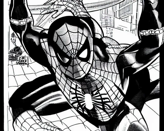 Image similar to photorealistic sketch of black spider - man with gold webbing by steve ditko