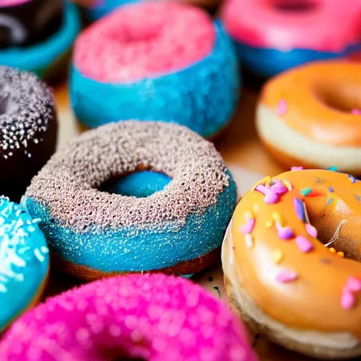 Prompt: Up close macro shot of the weirdest looking donuts on earth, award winning photo, studio lighting, AK