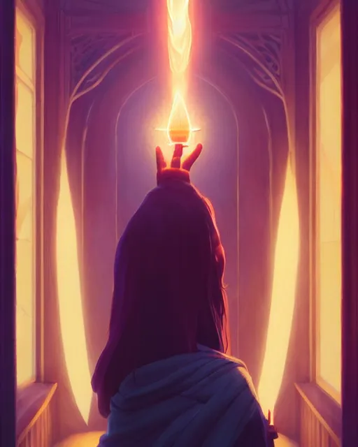 Image similar to highly detailed vfx portrait of a witch casting light magic, unreal engine, greg rutkowski, loish, rhads, beeple, makoto shinkai and lois van baarle, ilya kuvshinov, rossdraws, tom bagshaw, alphonse mucha, global illumination, detailed and intricate environment