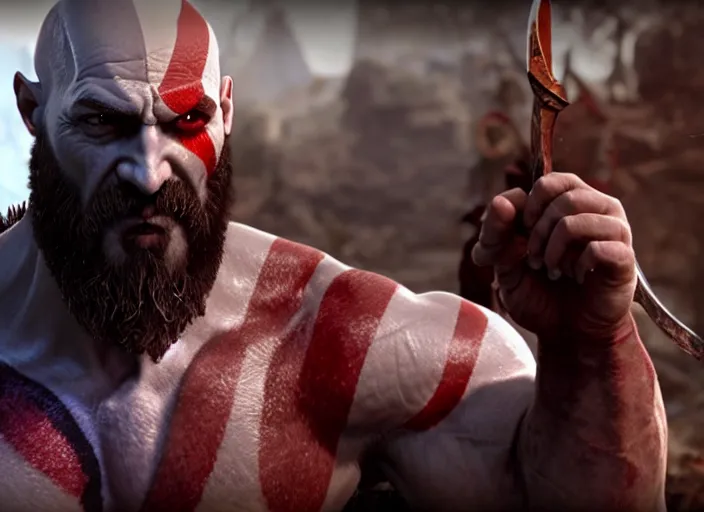 Image similar to in game screenshot of kratos victoriously holding up a!!! computer mouse!!! in the new god of war video game, 4 k