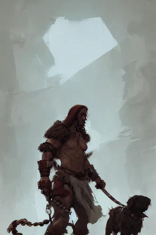 Image similar to comic book cover. barbarian with a dog leash by greg rutkowski, trending on artstation