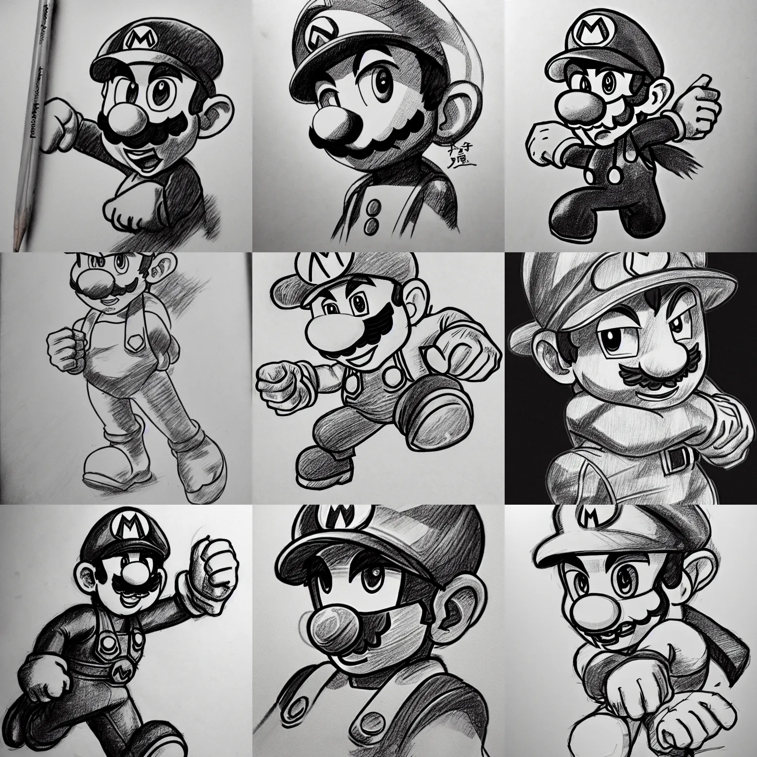 Prompt: epic shaded pencil sketch of mario, determined gaze, striking manga artstyle, combat, isekai manga panel