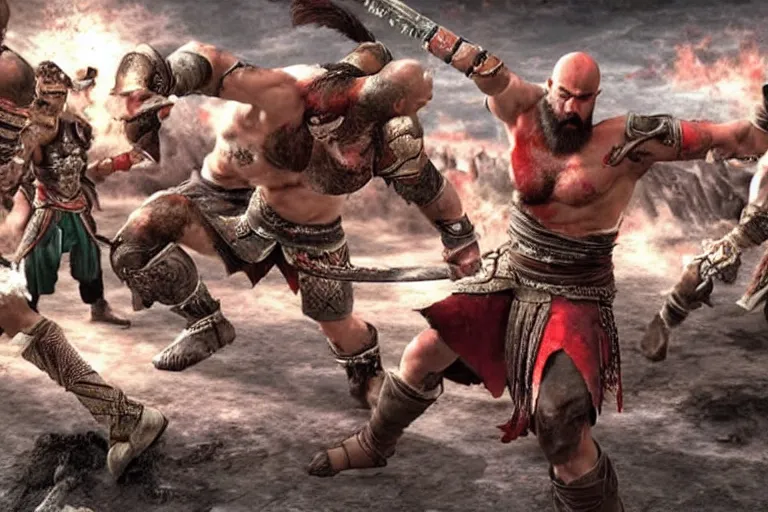 Image similar to Kratos fighting Warriors in Asgard