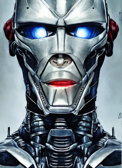 Image similar to portrait of willem dafoe as robocop, cyborg, borg, android, strogg, face of a man, robocop, cable, victor stone, ultron, terminator, machine, flesh, quake, doom demon, wolfenstein, monster, symmetry, symmetrical, concept art by ruan jia and greg rutkowski