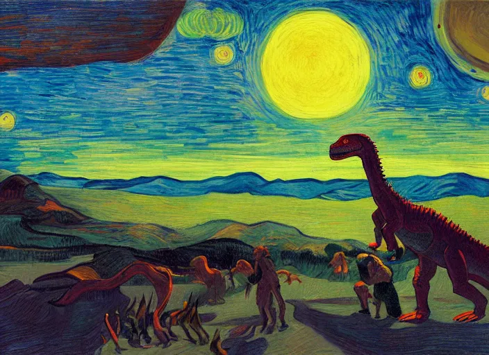 Image similar to painting of the extinction of the dinosaurs with asteroid and fire, in the style of edward hopper and vincent van gogh, dramatic lighting at dusk