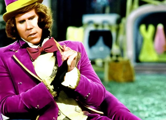 Image similar to film still of Will Ferrell as Willy Wonka in Willy Wonka and the Chocolate Factory 1971