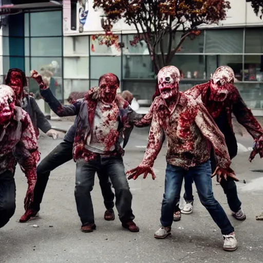 Prompt: zombies with no heads dancing in the street