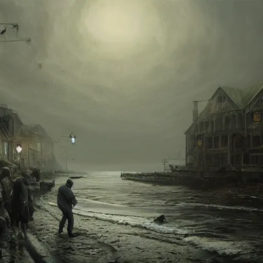 Image similar to shadow over innsmouth, people walking out of the water, painted by seb mckinnon, high detail, dramatic light, digital art, painted by greg rutkowski, promotional movie posterart, trending on artstation