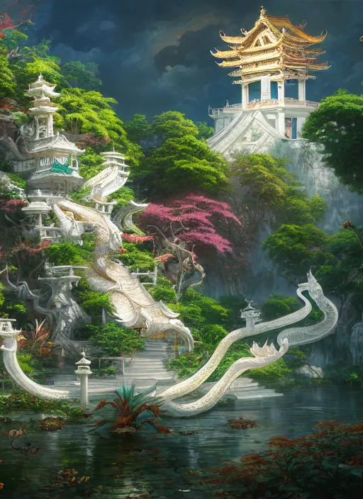 Prompt: white, koi colors, temple of the snake deity, lush vegetation, vibrant colors, octane render, jesper ejsing, james jean, justin gerard, tomasz alen kopera, cgsociety, fenghua zhong, makoto shinkai, highly detailed, rim light, art, cinematic lighting, very coherent, hyper realism, high detail, 8 k