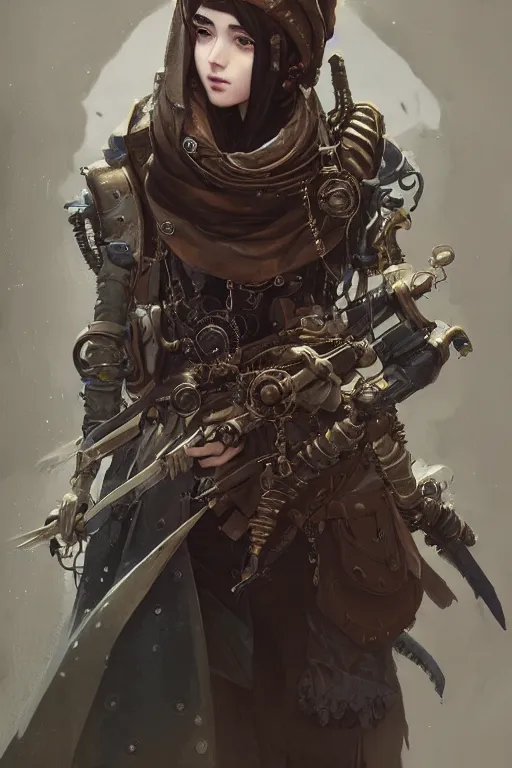 Prompt: hyper - realistic character portrait steampunk, beautiful! teen female, body armor, scarf, cloak, extreme detail, in style of atey ghailan, irakli nadar, greg rutkowski, ernst haeckel, yoji shinkawa, joe fenton, kaethe butcher, dystopia aesthetic