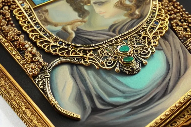 Image similar to highly detailed oil painting, necklace shown from north to south, very realistic gemstones, art nouveau, ornate, delicate, brilliant precious gemstones necklace, dramatic light,