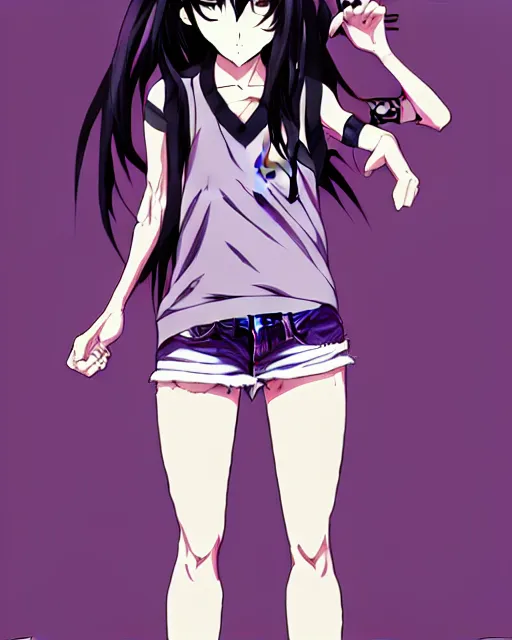 Image similar to style of madhouse studio anime, black lagoon manga, loish, artgerm, comic art, portrait of revy from black lagoon, symmetrical eyes and symmetrical face, jean shorts, white tank top, purple hair, sarcastic evil smirk on face, sky and ocean background