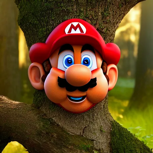 Image similar to carved mario face in tree, shadows, insane detailed, epic, movie poster, photorealistic, 8k, octane render -ar 16:9 H 1024