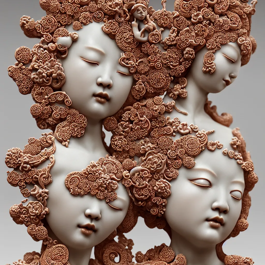 Image similar to The Goddess of Beauty, A Close up photo-real delicate ceramic porcelain sculpture of a symmetrical ornate detailed in front of an intricate background by Victo Ngai and takato yamamoto, micro detail, backlit lighting, face in focus, subsurface scattering, translucent, thin porcelain, octane renderer, colorful, physically based rendering, japanese pottery, trending on cgsociety