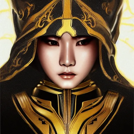 Image similar to Photorealistic illustration, 3/4 view of Korean fashion model in Star Wars sith black and gold robes, sci-fi, futuristic, intricate, elegant, highly detailed, digital painting, artstation, concept art, smooth, sharp focus, art by artgerm, greg rutkowski and alphonse mucha