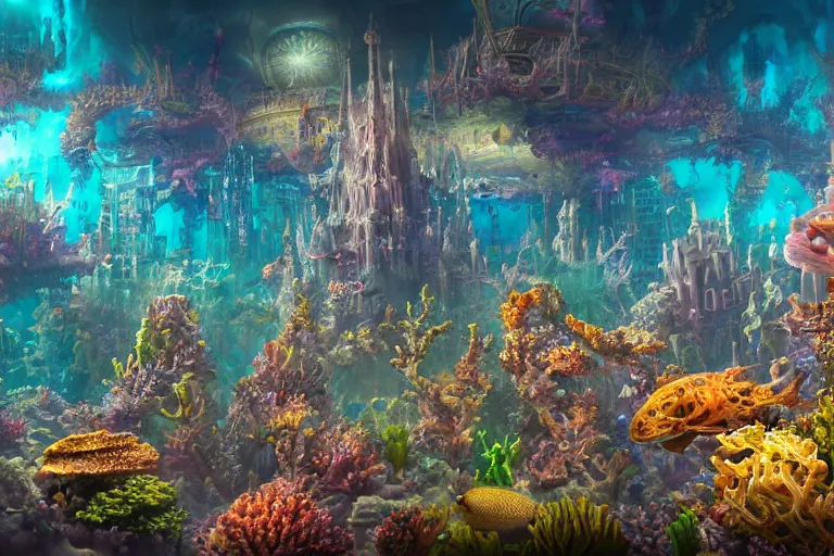 Prompt: an epic view of a coral reef underwater metropolis, with glowing windows, towers, spires, parapets, balconies, bridges, glass, crystal, with sea creatures, painted by tyler edlin, colorful, close - up, low angle, wide angle, atmospheric, volumetric lighting, cinematic concept art, very realistic, highly detailed digital art