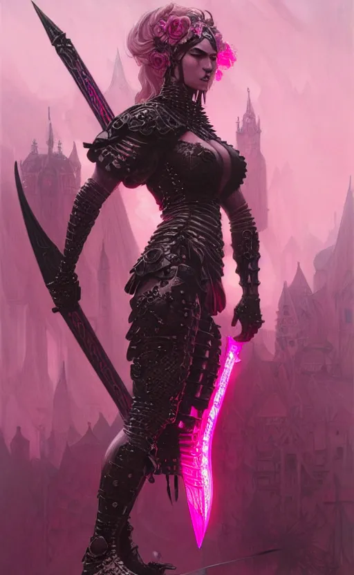 Image similar to Gothic muscular warrior queen in pink and black mythical heavy armor of thick steel plates, fantasy, highly detailed, digital painting, artstation, concept art, smooth, sharp focus, illustration, art by artgerm and greg rutkowski and alphonse mucha